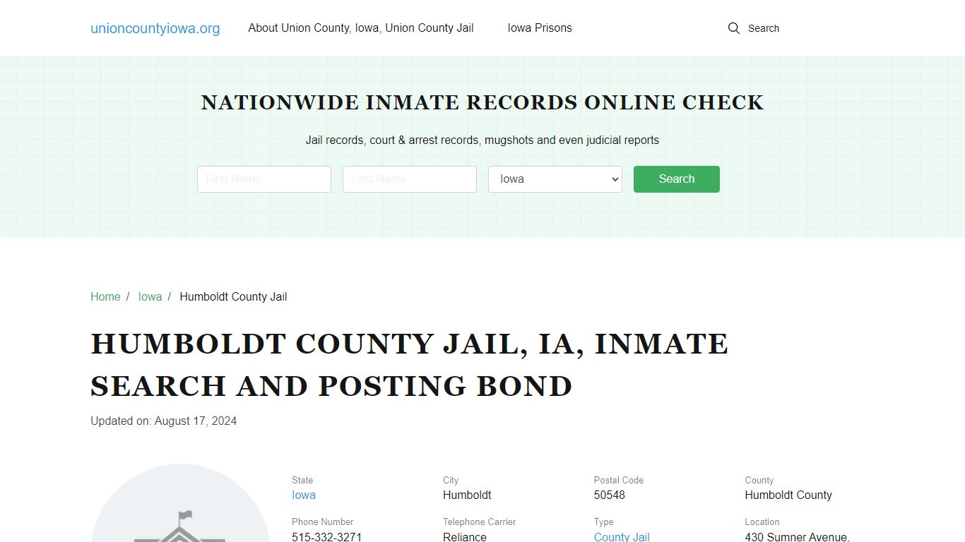 Humboldt County Jail, IA, Inmate Search, Visitations